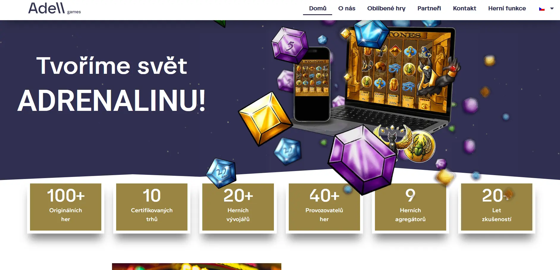 Oficiální web studia Adell Games s přehledem 100+ originálních her, 10 certifikovaných trhů a 20 let zkušeností