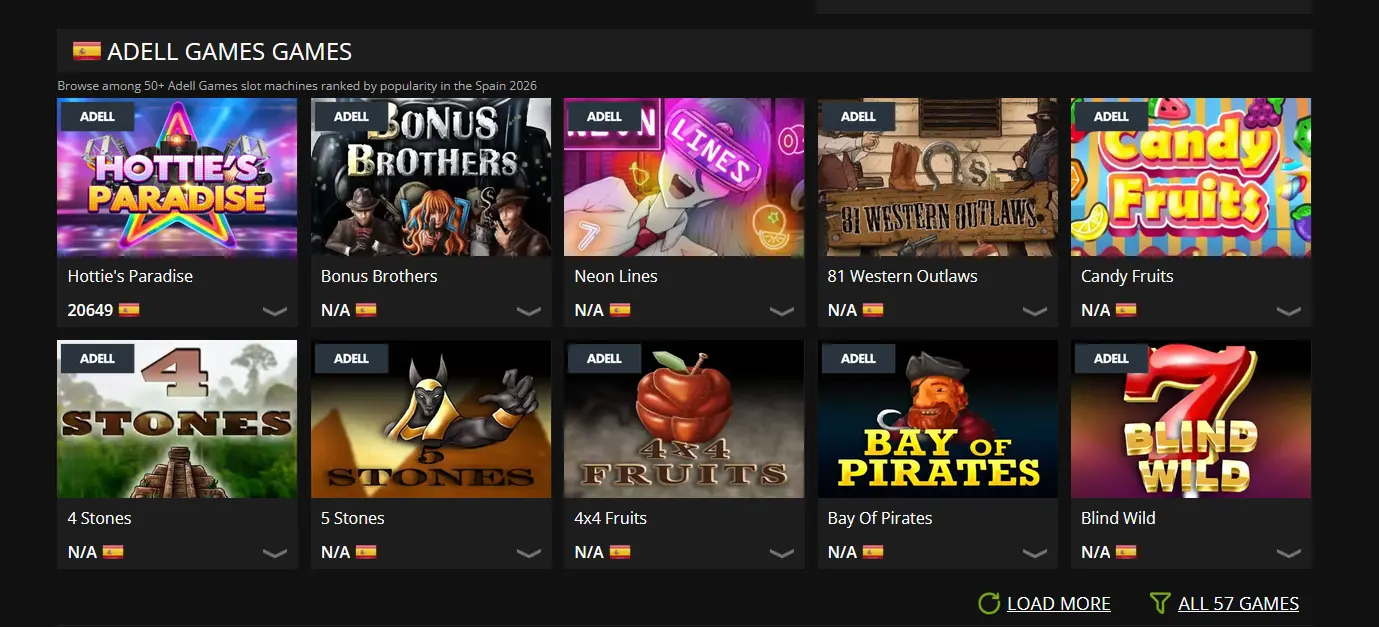 Katalog slotů od Adell Games s tituly Hottie's Paradise, Bonus Brothers, Neon Lines, 81 Western Outlaws a Candy Fruits