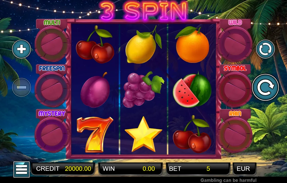 Automat 3 Spin od Adell se šesti bonusovými kolečky Multi, Freespin, Mystery, Wild, Symbol a Rain po stranách válců