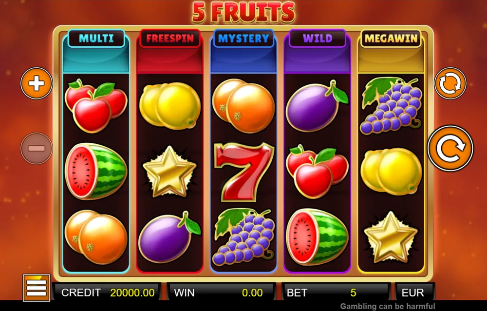 Automat 5 Fruits od Adell s ikonou menu vlevo dole, přes kterou se otevírají pravidla hry s výherním podílem