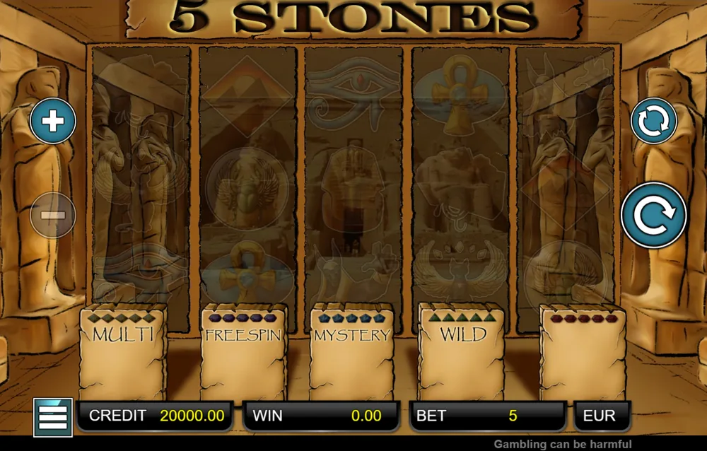 Egyptský automat 5 Stones od Adell s bonusovými kameny Multi, Freespin, Mystery a Wild pod válci