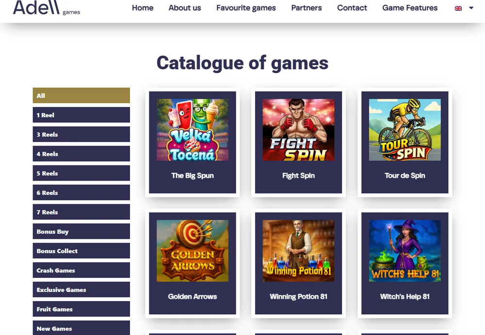Oficiální katalog her na webu adell-games.com s filtrem podle počtu válců a tituly The Big Spun, Fight Spin a Tour de Spin