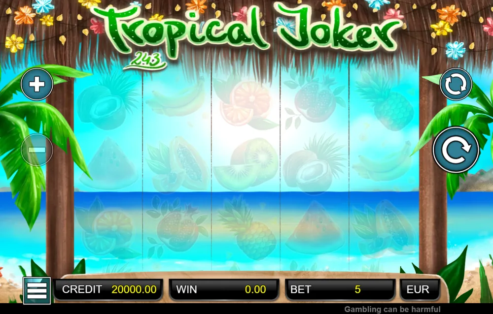 Demo automatu Tropical Joker od Adell s virtuálním kreditem 20 000 v informační liště pod válci