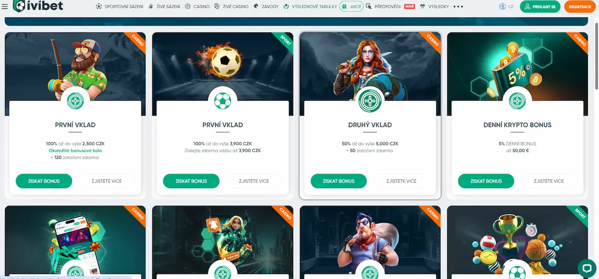 Sekce akcí v kasinu Ivibet s uvítací nabídkou a průběžnými promo akcemi