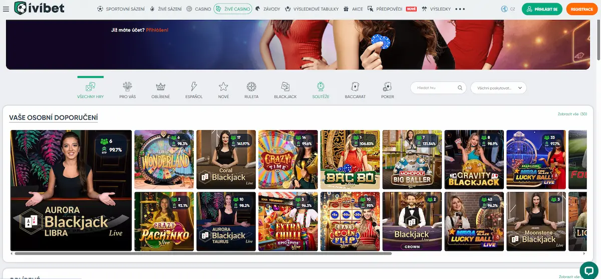 Live kasino Ivibet se stoly rulety, blackjacku a baccaratu