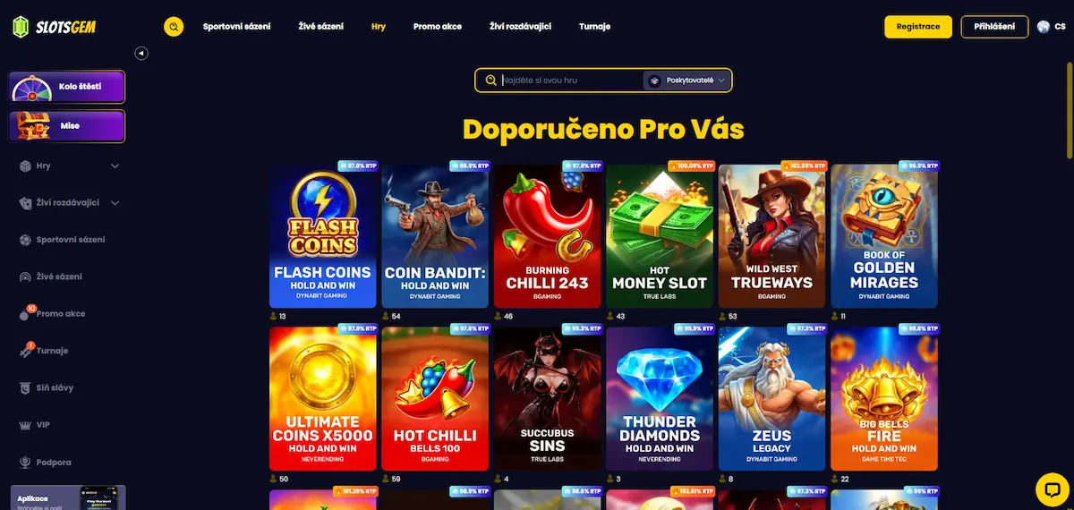 Herní lobby Slotsgem Casino s kategoriemi her a filtrem podle studia