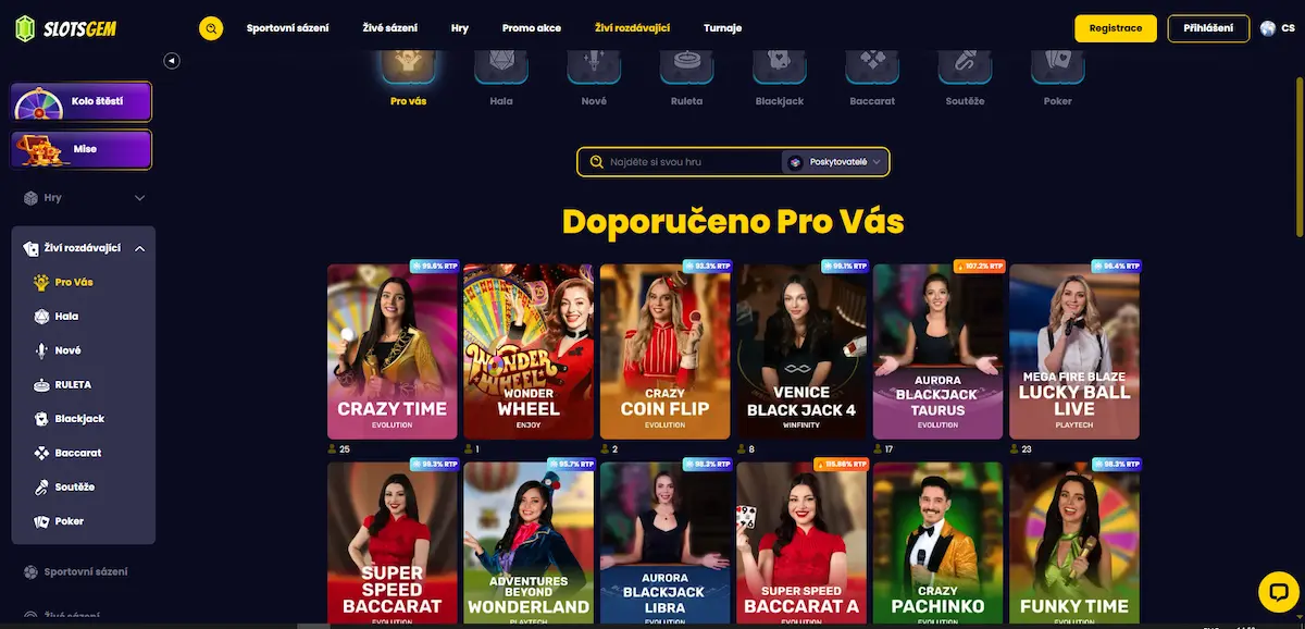 Live hry ve Slotsgem Casino: ruleta, blackjack a game shows s živým krupiérem