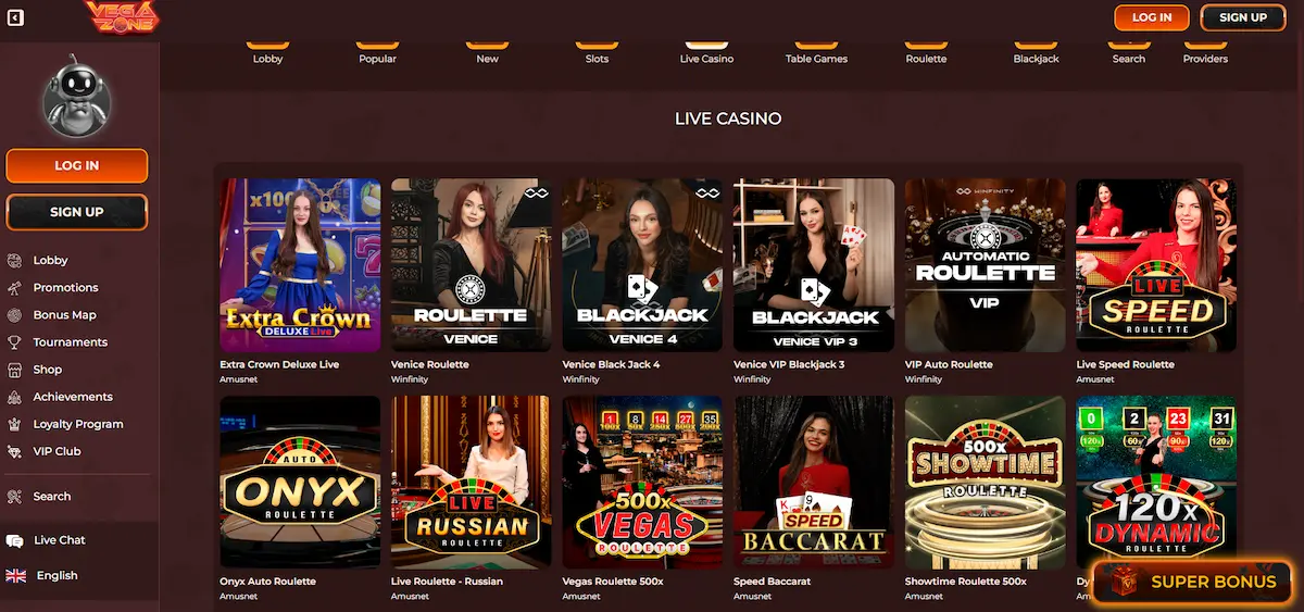Live kasino ve Vegazone se stoly rulety a blackjacku od studia Evolution